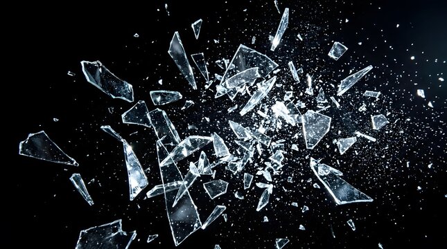 Shattered glass fragments exploding in mid-air against black background