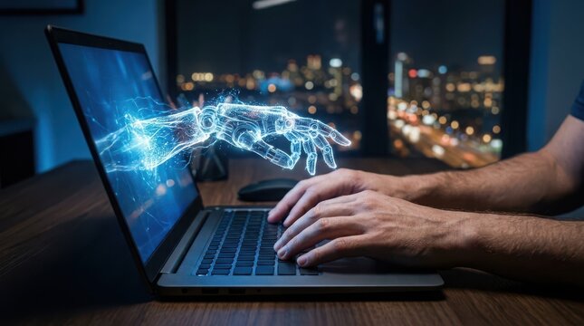 Robot arm emerging from laptop screen reaching out to interact with user typing on keyboard at night.