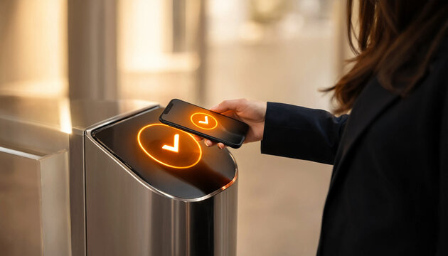 Woman using smartphone for contactless entry at a modern office security turnstile gate.