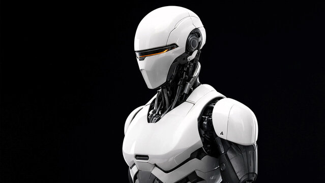 Futuristic white humanoid robot with glowing amber visor isolated on black background.