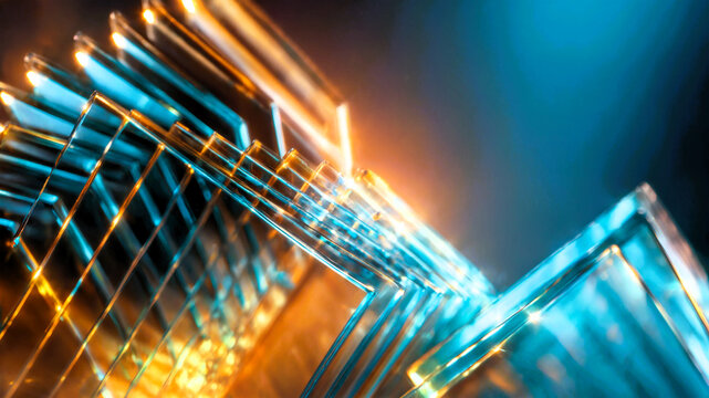 Abstract background of layered amber and teal glass sheets with glowing light reflections.
