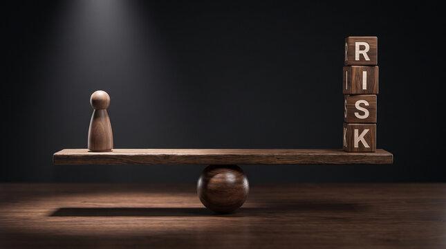 High risk business challenge concept with wooden figure counterbalancing heavy stacked risk blocks on a scale representing financial stability
