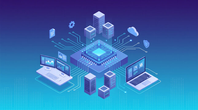 Virtualized cloud computing infrastructure with glowing central processor and digital servers representing modern data center technology