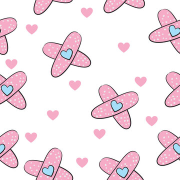 Pink Bandage Pattern with Blue Hearts, Valentine Seamless Vector Illustration
