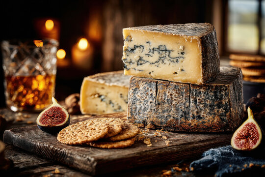 Stacked aged blue cheese wedges with fresh figs and crackers on a rustic dark wooden board