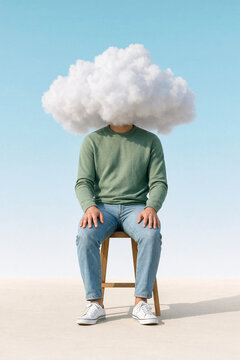 Man sitting on a stool with a white cloud head representing mental health and stress.