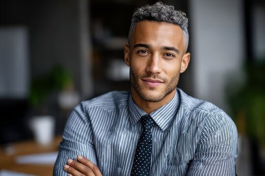 Confident young businessman with folded arms wearing striped shirt and tie in a modern office
