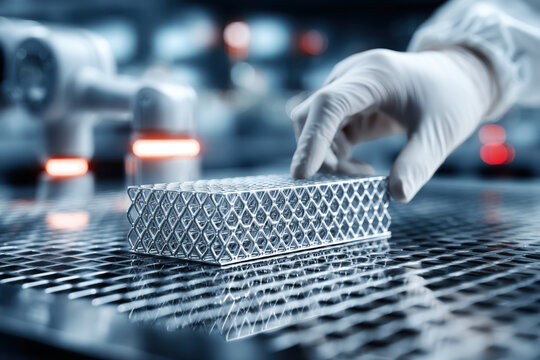 Engineer in white glove inspecting 3D printed metal lattice part on industrial production line