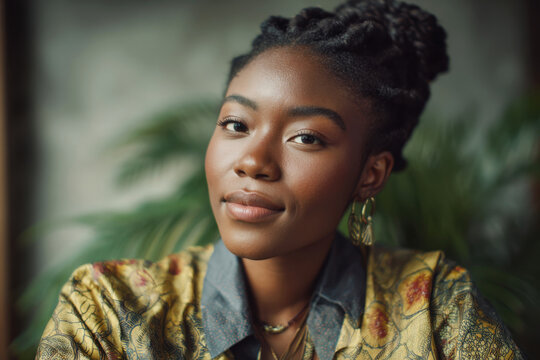 Portrait of a beautiful young African woman with curly hair in a golden patterned jacket