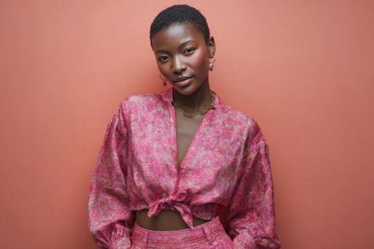 African woman in pink floral pattern blouse posing on coral pink studio background