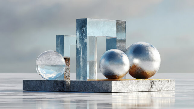 Translucent glass and metallic geometric shapes arranged on a reflective marble surface