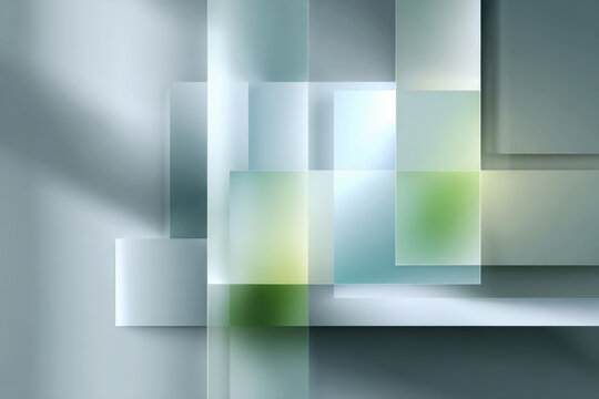 Translucent overlapping geometric squares in soft pastel green and gray abstract composition