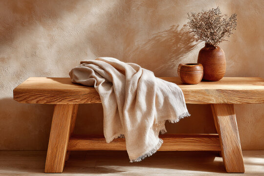 Beige linen blanket on rustic oak bench with dried flowers in terracotta vase