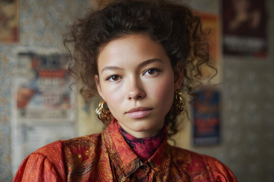 Young woman with curly hair in vibrant patterned blouse and hoop earrings indoor portrait