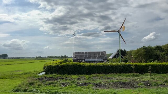 Amsterdan Forest, Wind turbine showing visible action, in open field with grass and trees, with wind turbine, solar panels, from a eye-level perspective perspective, with green, blue accents, with
