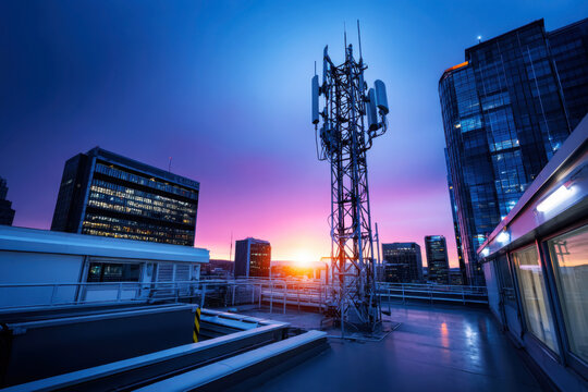 Urban rooftop cellular antenna tower with modern skyscrapers at sunset twilight