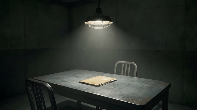 Dimly lit interrogation room with single light and metal table