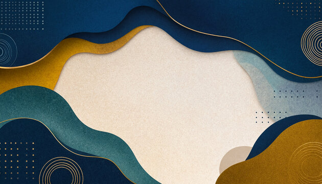 Abstract wavy paper cut background with blue and gold layers and textured copy space