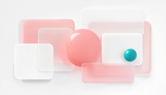 Abstract coral glass shapes and geometric layers on a clean white background