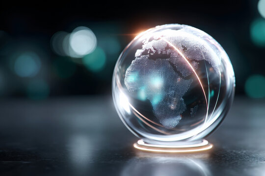 Transparent glass globe with continents on dark surface for global communication concept