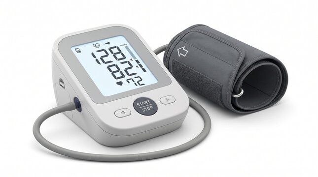 White digital automatic blood pressure monitor with gray arm cuff. Display reads 128/82 mmHg and pulse 72 BPM. Used to measure blood pressure and heart rate at home.
