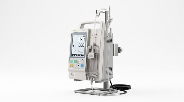 White infusion pump on stand with IV tubing and drip chamber. Digital screen shows 050 and 1000, with control buttons and status indicators for delivering fluids/medication.