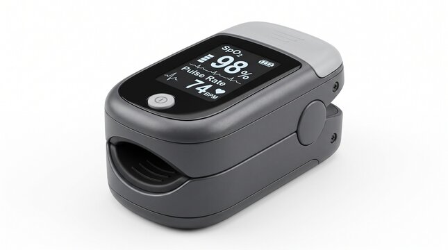 Gray fingertip pulse oximeter with digital display showing SpO2 98% and Pulse Rate 74 BPM. Clips on finger to measure blood oxygen and heart rate.
