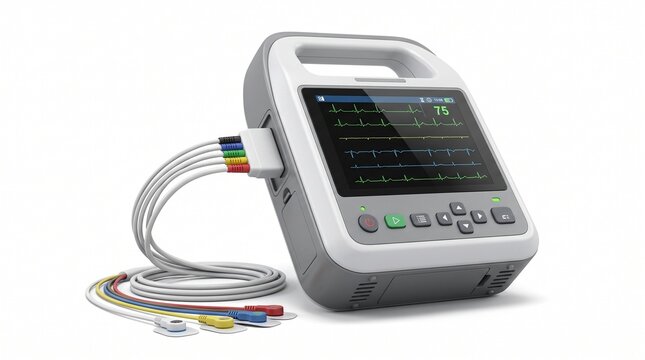 Portable ECG/EKG machine with handle and color display showing heart rhythm and HR 75. Includes 5-lead cable with color-coded patient electrodes.