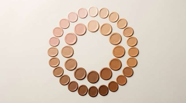 Top view of liquid foundation makeup samples arranged in a circular pattern showing diverse skin tones. foundation tone guide