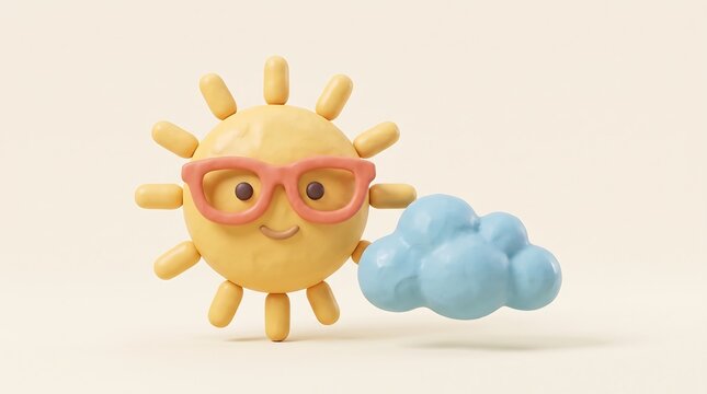 Claymation smiling sun character wearing glasses beside a fluffy cloud on soft cream background illustration