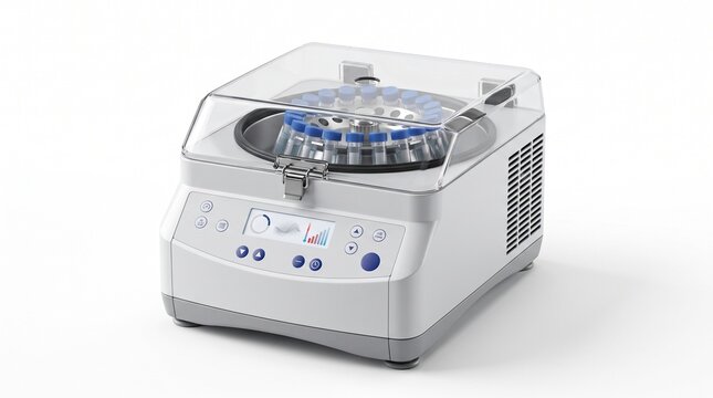 White laboratory centrifuge with a clear lid. Holds multiple test tubes with blue caps in the rotor. Features a digital display and control buttons on the front panel.