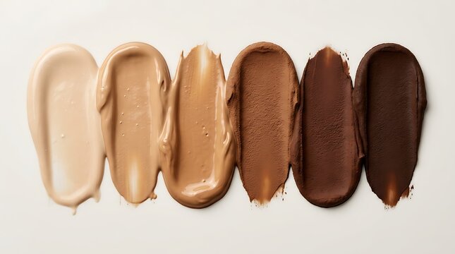 Six different shades of liquid foundation makeup smears arranged in a row showing skin tone color variety. foundation tone guide