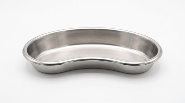 Stainless steel kidney-shaped medical tray. Polished silver finish with smooth rounded edges and shallow basin, shown on a white background.