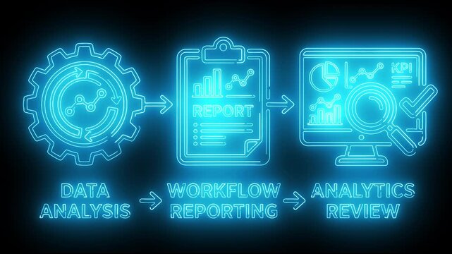 Linear glowing blue neon data pipeline illustrating workflow processing document reporting and performance analytics