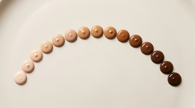 Liquid foundation makeup swatches in a gradient of skin tones arranged in a smooth curved line pattern. foundation tone guide