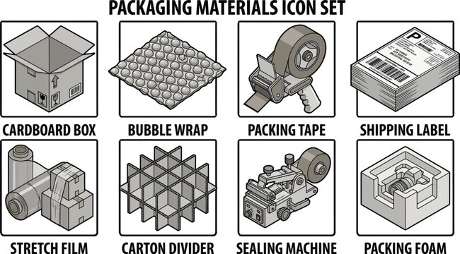 Packaging materials icons set featuring cardboard box bubble wrap packing tape and shipping label for shipping logistics.
