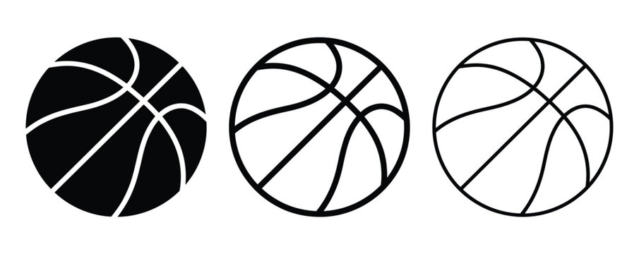 Set of three basketball icons showing solid filled and outlined black and white ball designs Vector