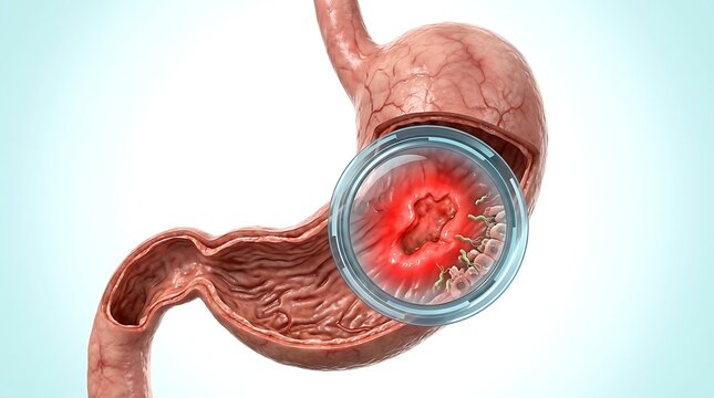 3d medical illustration of a human stomach with a peptic ulcer and helicobacter pylori bacteria infection, showing inflammation and tissue damage in the stomach lining