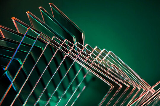 Abstract emerald green and rose gold geometric fan pattern with sharp light reflections.