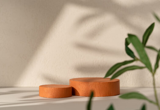Natural Cosmetic Product Presentation Scene made with Terracotta Cylinder Podiums with Green Plant and Geometric Window Shadow on Beige Background