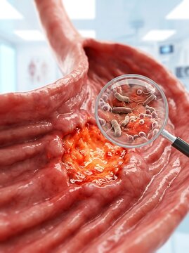 3d medical illustration of a stomach ulcer showing helicobacter pylori bacteria infection under a magnifying glass