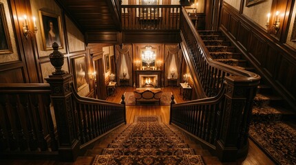 Fototapeta premium Grand Foyer Staircase: An opulent grand staircase in a stately mansion, featuring dark wood railings, plush carpeted steps, and ornate decorative elements, leading up to the upper floors with a warm.
