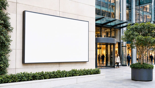 Blank billboard on a modern shopping mall exterior wall for commercial advertising mockup.