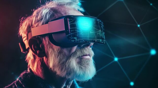 An older man engages with a virtual reality headset while surrounded by digital graphics and modern vr technology at night