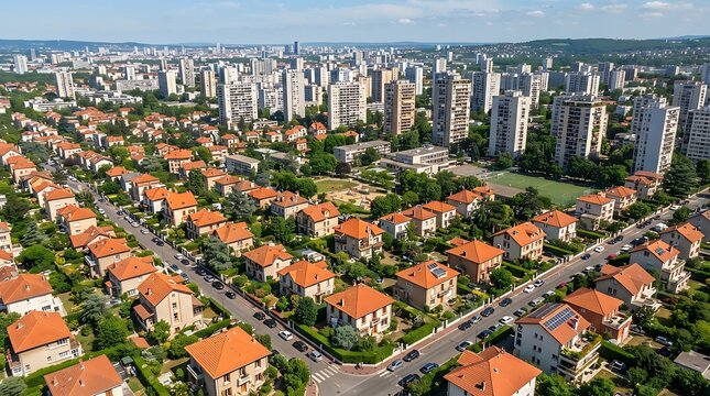 Aerial view of a densely populated urban residential neighborhood with red tile roof apartment buildings alongside a bustling city street during sunset residential area urban planning neighborhood