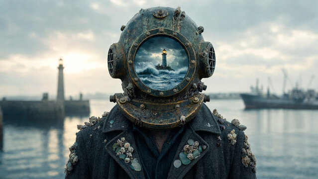 Vintage deep sea diving helmet with a stormy ocean and lighthouse inside the glass visor.