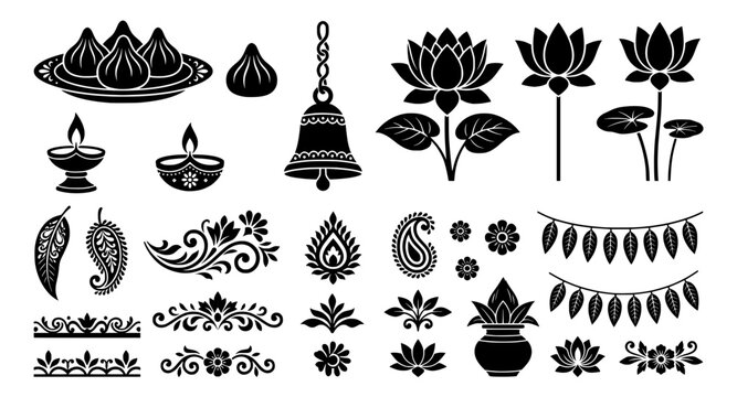 Black silhouette icons set of indian festival symbols and cultural elements