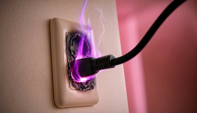 Electrical outlet on fire with purple flames and smoke, dangerous home power hazard.