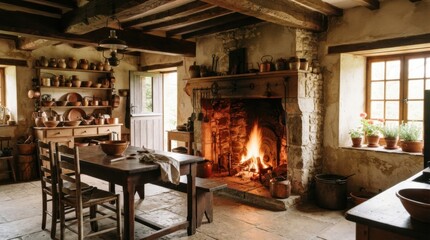 Fototapeta premium Rustic Kitchen Warmth: A cozy, rustic kitchen radiates warmth with a crackling fireplace and antique furnishings, evoking a sense of historical charm and comfort.
