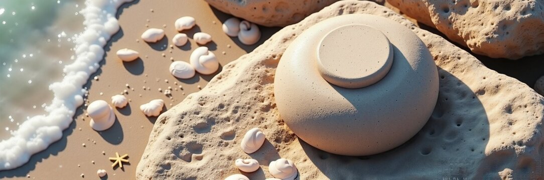 Elegant cremation urn on sandy beach with seashells and gentle waves. This peaceful urn surrounded by natural elements signifies a heartfelt remembrance and connection to nature.